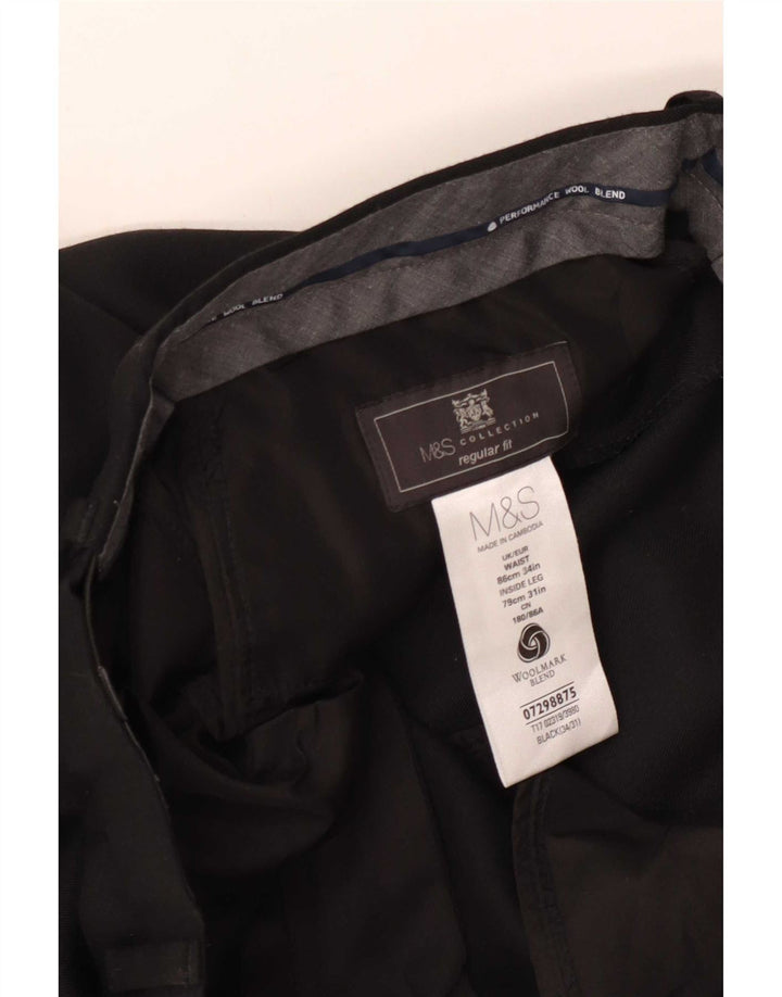 Мужские прямые костюмные брюки стандартного кроя Marks & Spencer W34 L31, черные шерстяные