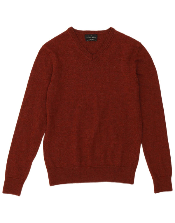 Женский укороченный джемпер с v-образным вырезом ZARA UK 12, шерсть среднего коричневого цвета