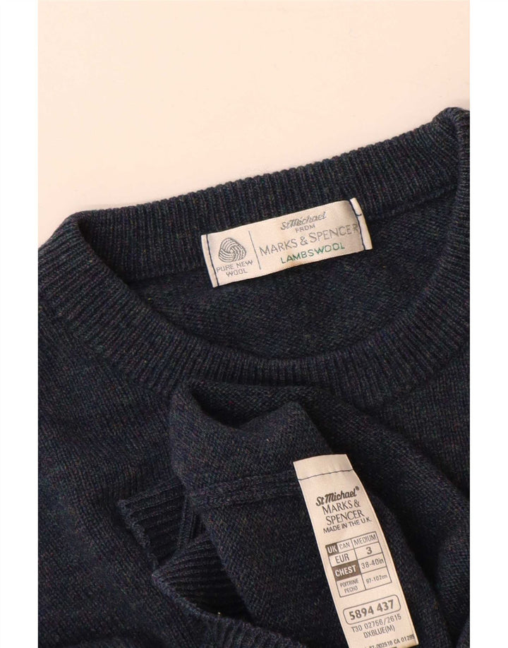 Мужской джемпер с круглым вырезом Marks & Spencer, средний синий из овечьей шерсти
