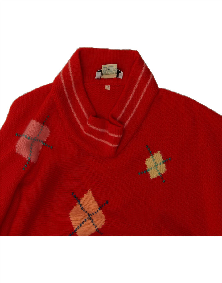 VINTAGE Womens Turtle Neck Jumper Sweater UK 16 Large Red Argyle/Diamond Vintage Vintage and Second-Hand Vintage from Messina Hembry 