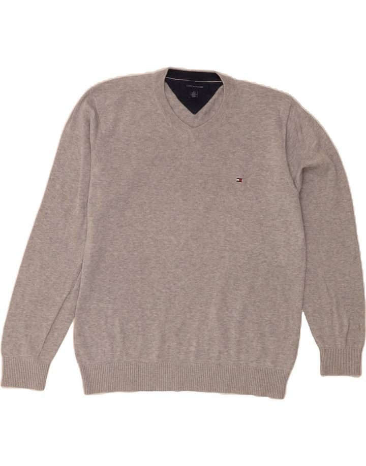 TOMMY HILFIGER Mens V-Neck Jumper Sweater Medium Grey Cotton Vintage Tommy Hilfiger and Second-Hand Tommy Hilfiger from Messina Hembry 