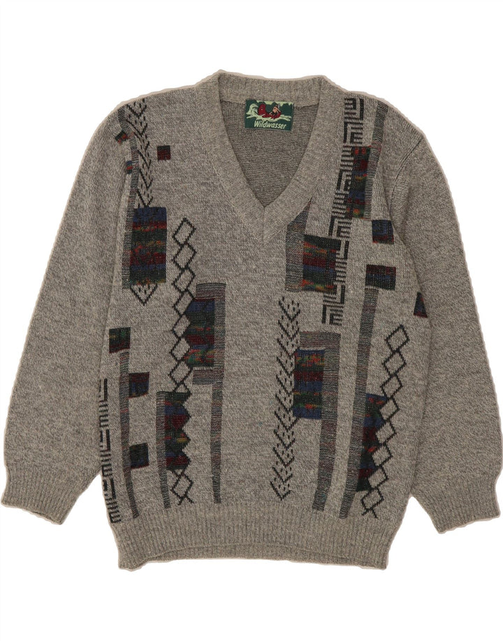 VINTAGE Mens V-Neck Jumper Sweater IT 46 Small Grey Geometric Polyacrylic Vintage Vintage and Second-Hand Vintage from Messina Hembry 