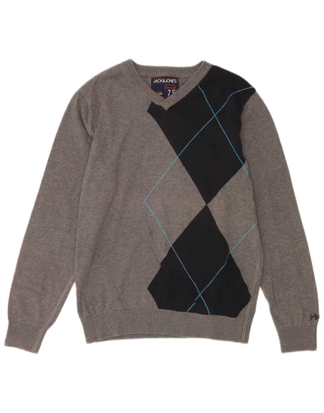Мужской джемпер с v-образным вырезом Jack & Jones, хлопковый свитер среднего серого цвета с цветными блоками