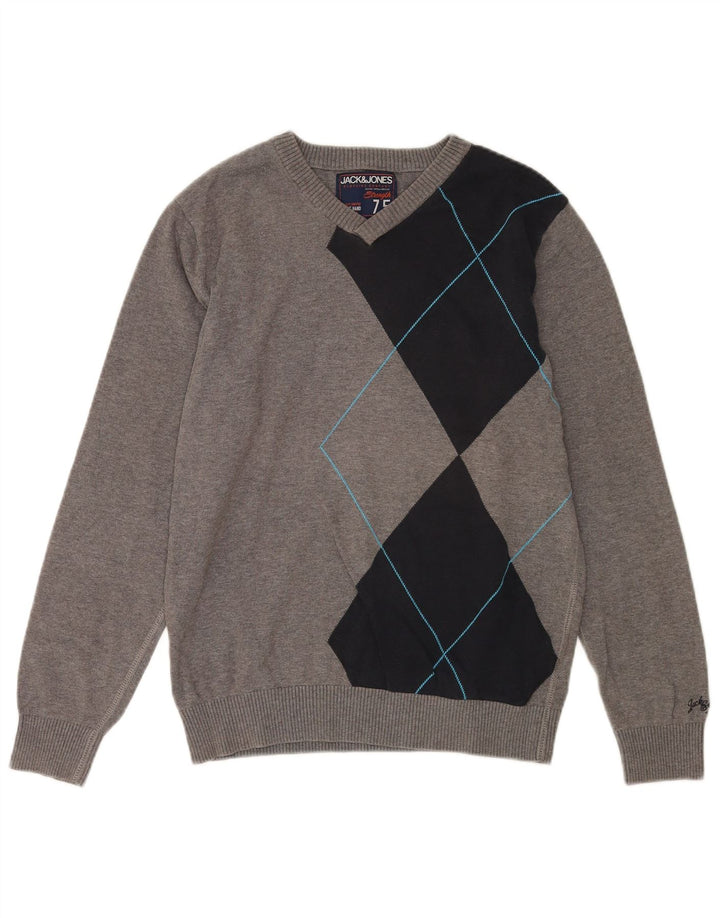 Мужской джемпер с v-образным вырезом Jack & Jones, хлопковый свитер среднего серого цвета с цветными блоками