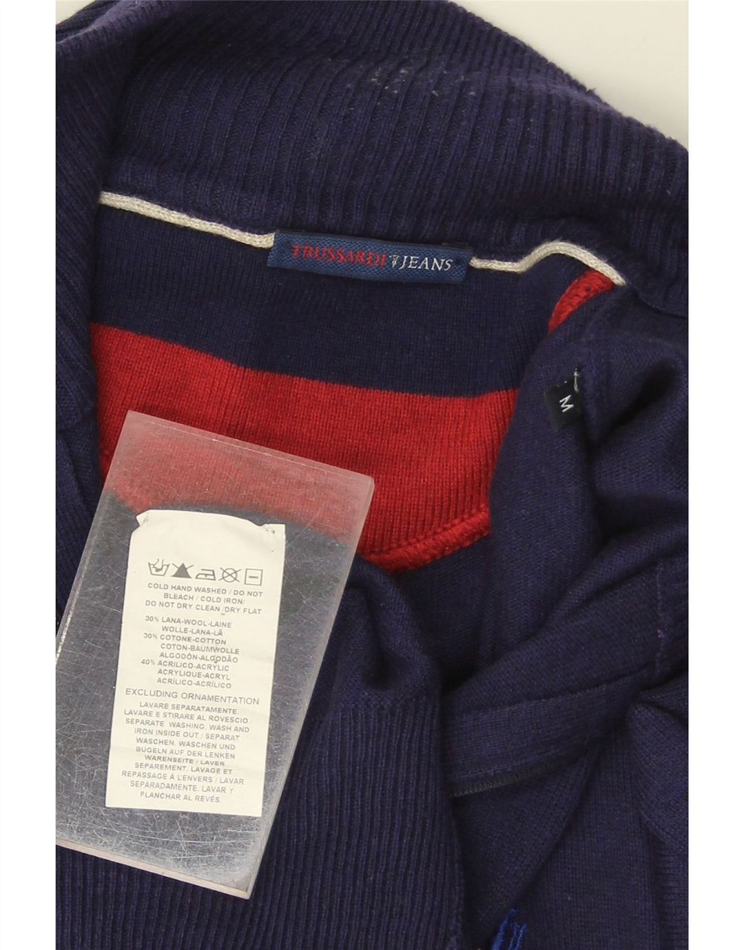 TRUSSARDI JEANS Mens Cardigan Sweater Medium Navy Blue Wool
