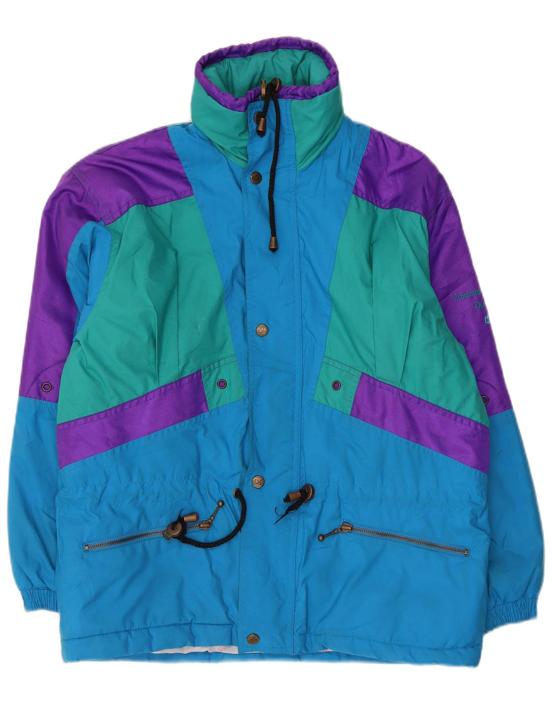 Винтажная мужская лыжная куртка с капюшоном UK 38, средний синий полиэстер с цветными блоками