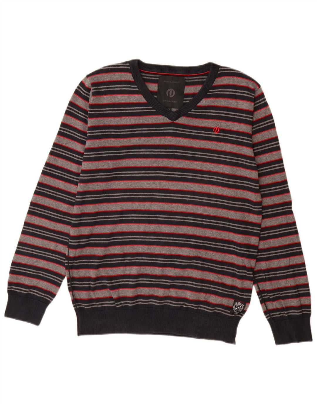 Мужской джемпер с v-образным вырезом Jack & Jones, хлопковый свитер среднего серого цвета в полоску