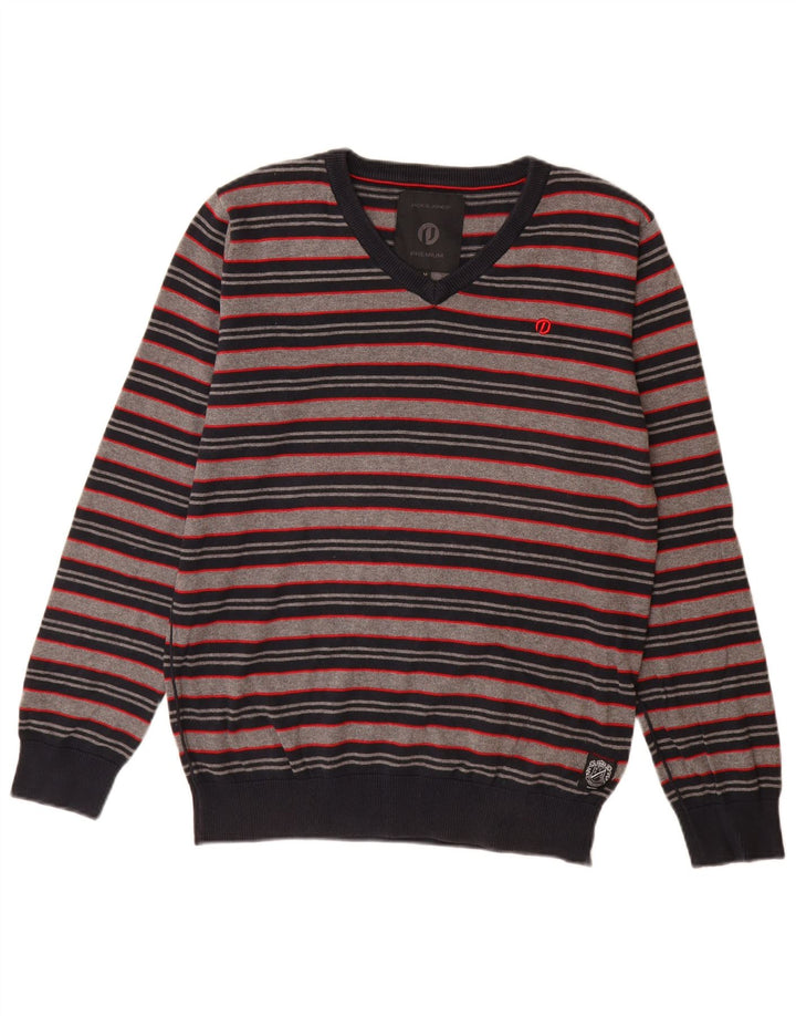 Мужской джемпер с v-образным вырезом Jack & Jones, хлопковый свитер среднего серого цвета в полоску