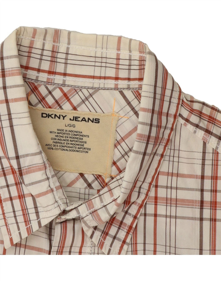 DKNY Mens Short Sleeve Graphic Shirt Large Off White Check Cotton Vintage Dkny and Second-Hand Dkny from Messina Hembry 