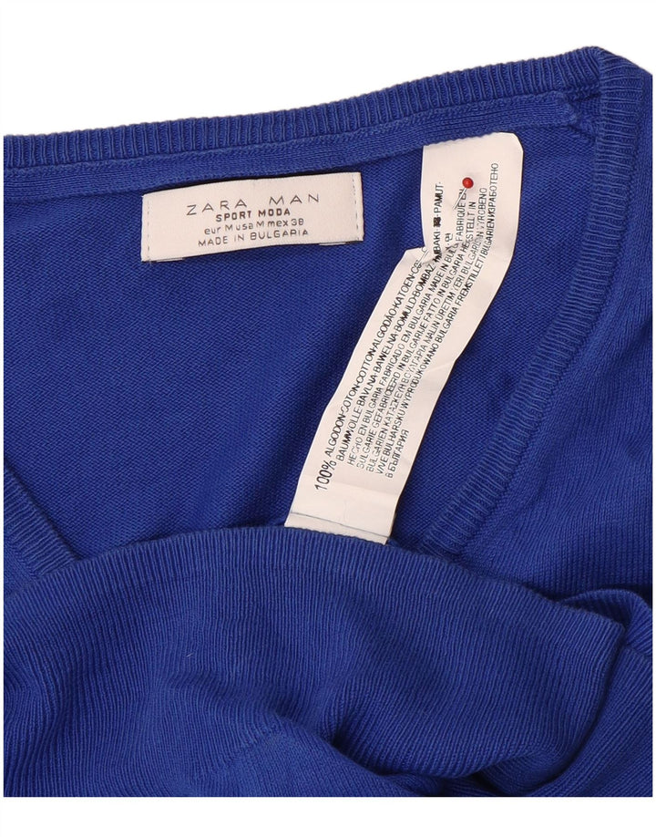 Мужской джемпер с v-образным вырезом Zara, хлопковый свитер среднего синего цвета