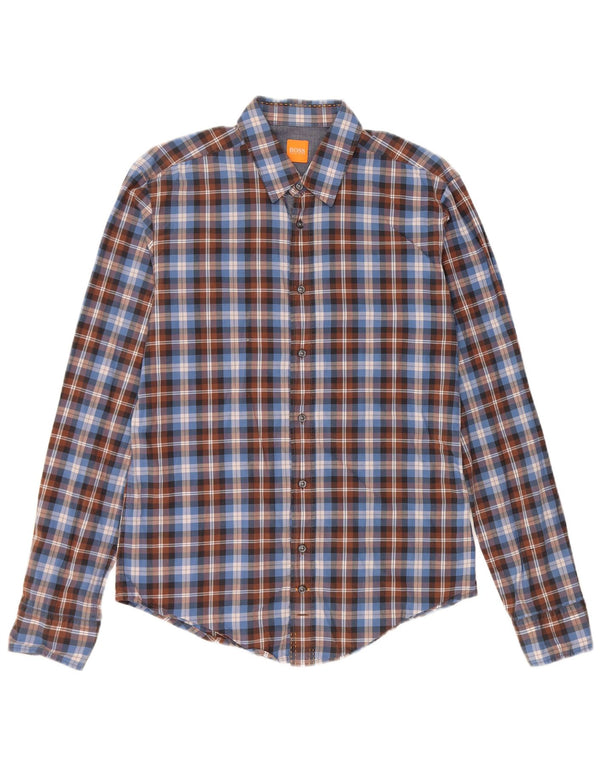 Мужская рубашка HUGO BOSS, хлопковая синяя клетка среднего размера