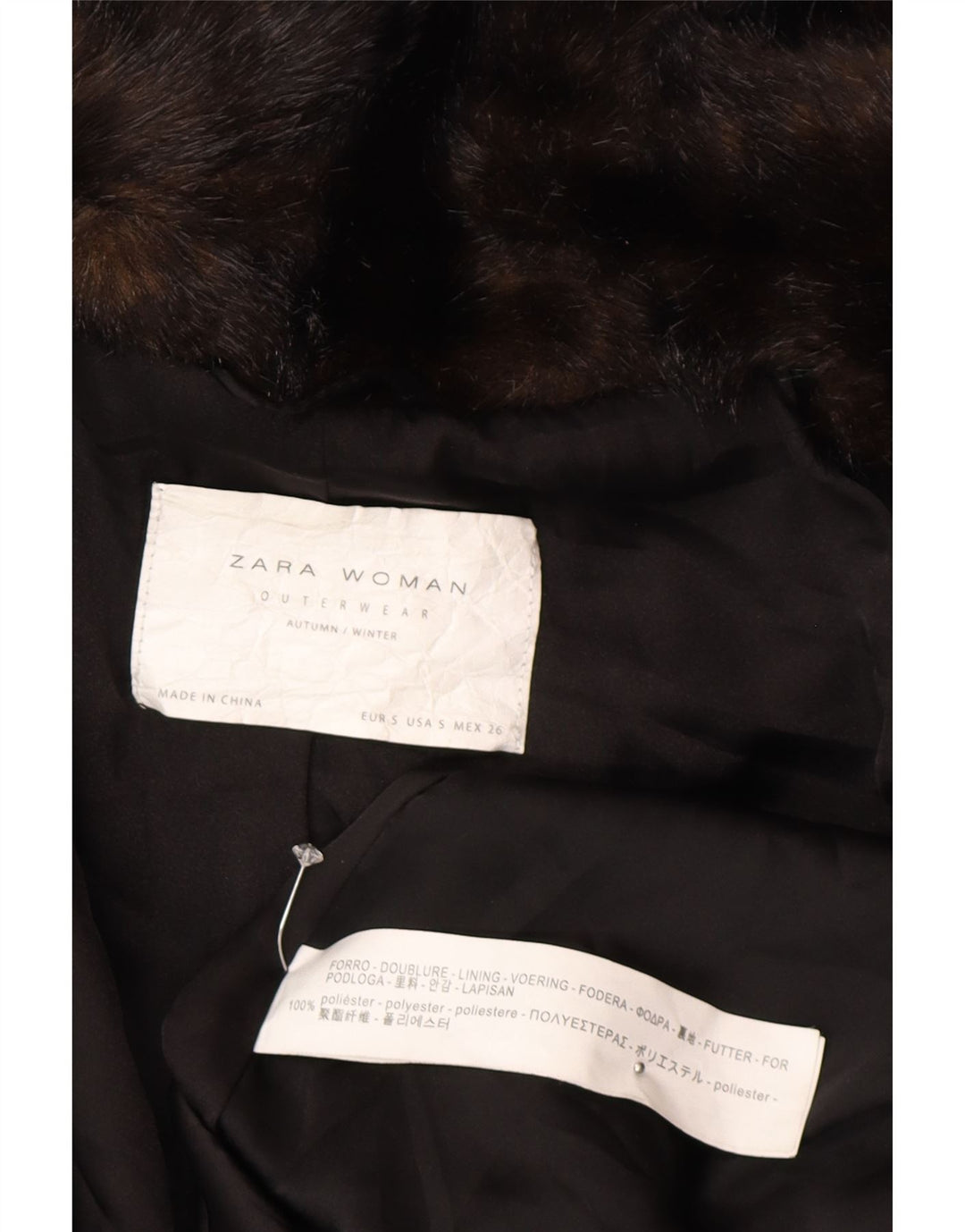 Zara Женское длинное пальто из искусственного меха UK 10, маленькое коричневое зимнее пальто из полиэстера