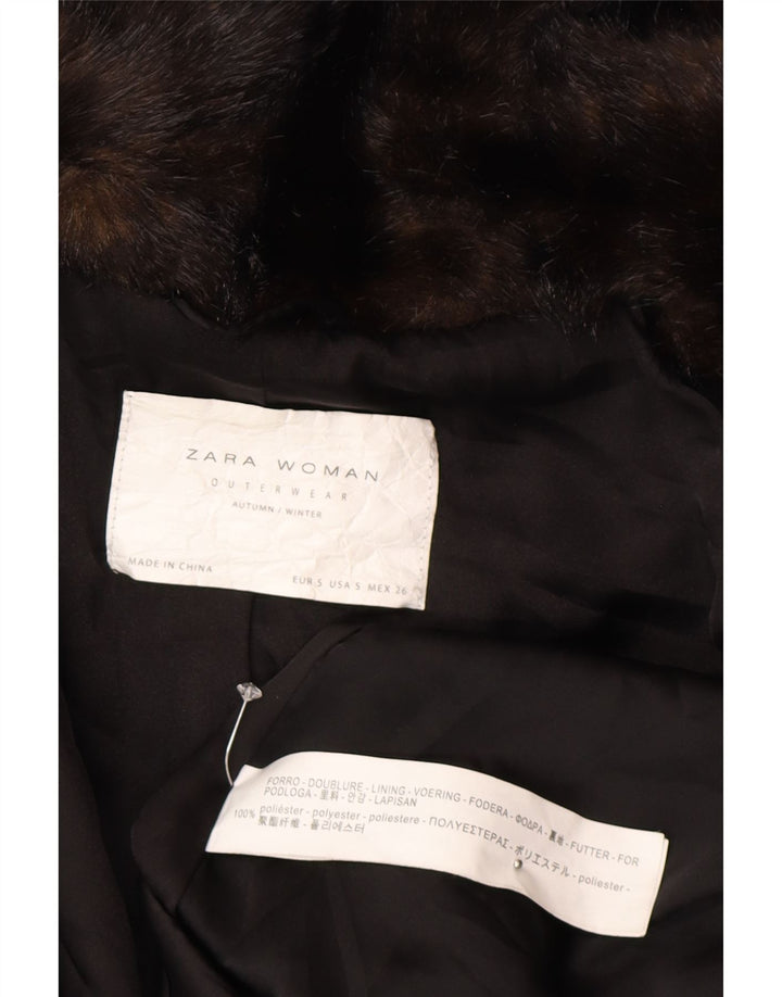 Zara Женское длинное пальто из искусственного меха UK 10, маленькое коричневое зимнее пальто из полиэстера