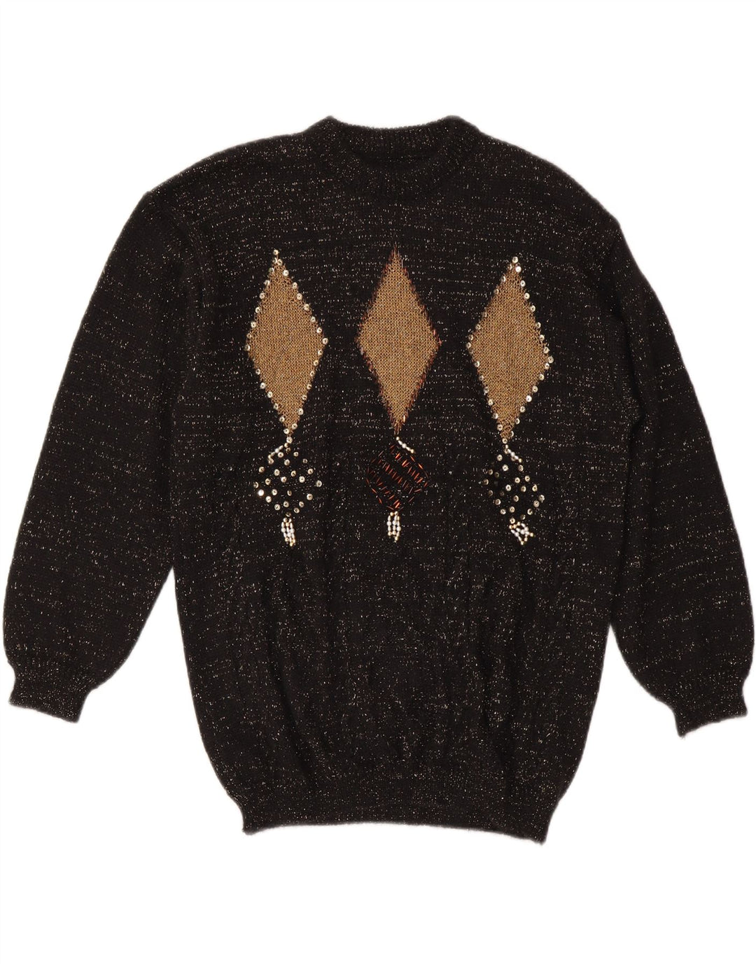 ВИНТАЖНЫЙ женский джемпер с круглым вырезом, Великобритания 14, средний черный с узором аргайл/ромб