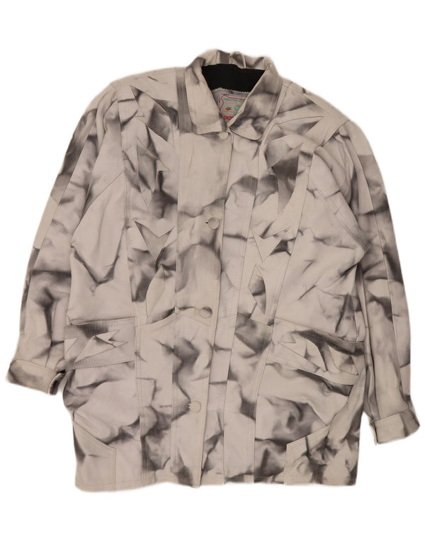 ВИНТАЖНОЕ женское кожаное пальто свободного кроя UK 20 2XL серое с геометрическим рисунком