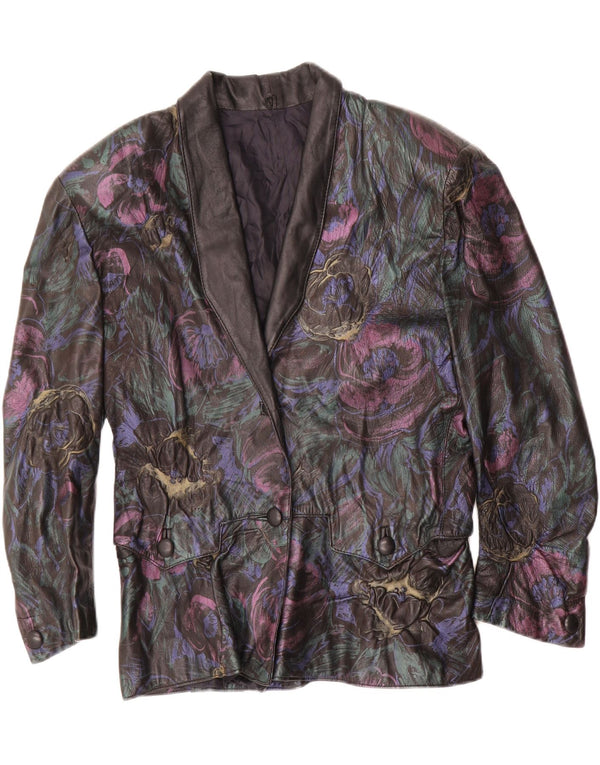 VINTAGE Womens Leather Jacket UK 16 Large Black Floral Leather