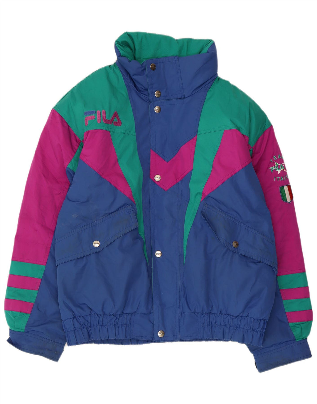 Мужская лыжная куртка Fila с капюшоном с графическим рисунком UK 40, средний синий полиэстер с цветными блоками