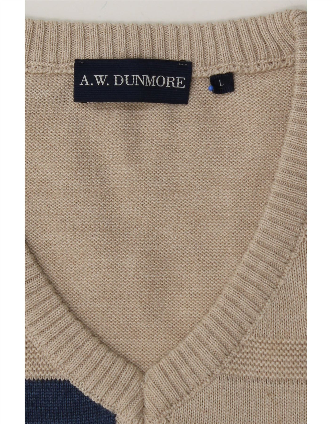 A.W.DUNMORE Mens V-Neck Jumper Sweater Large Beige Geometric Wool