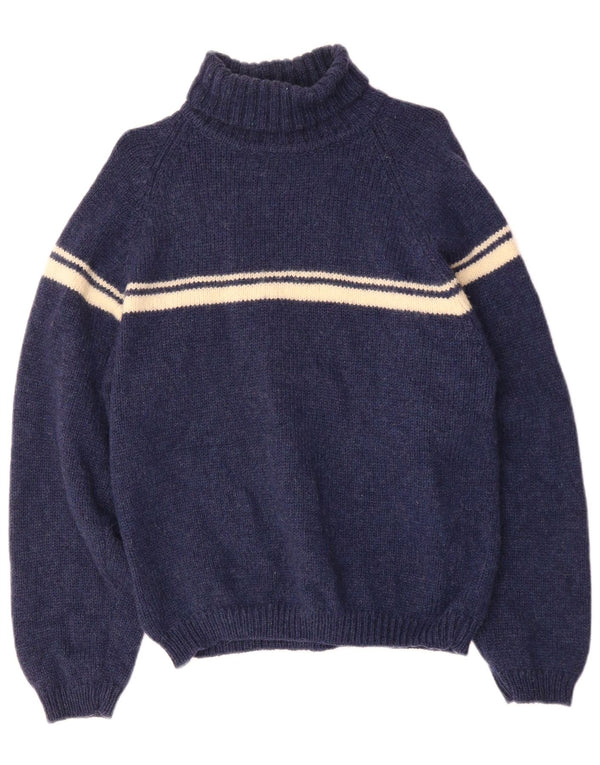 VINTAGE Womens Roll Neck Jumper Sweater UK 14 Large Navy Blue Striped Wool