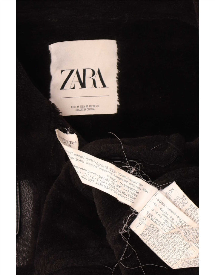 Женская куртка шерпа из искусственной кожи Zara UK 14, средний черный полиуретан