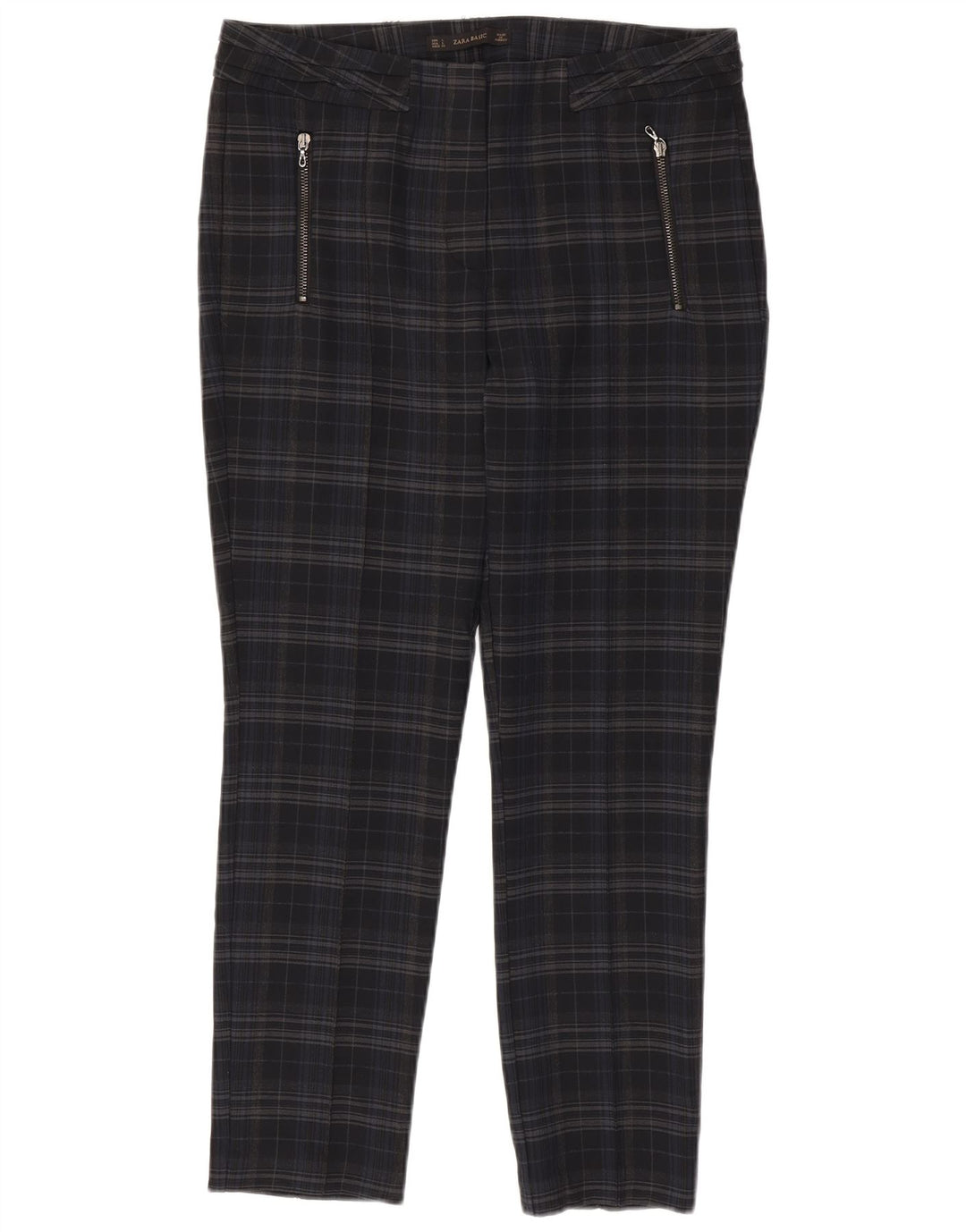 ZARA Womens Slim Casual Trousers Large W30 L28 Navy Blue Check Polyester