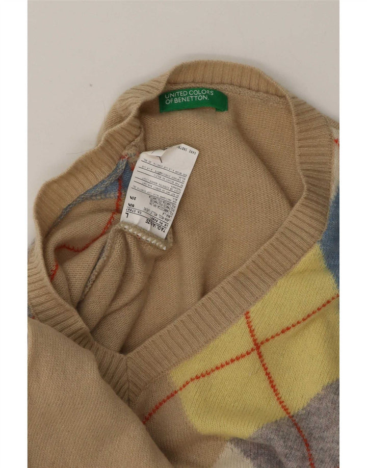 Мужской джемпер Benetton с v-образным вырезом, большой бежевый, шерсть с узором аргайл/ромб