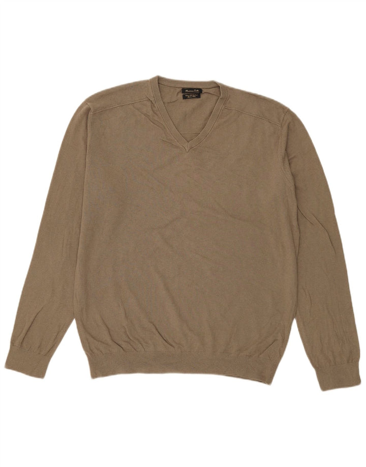 Мужской джемпер с v-образным вырезом Massimo Dutti, большой хлопок цвета хаки