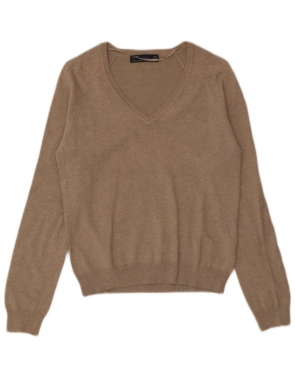 Женский джемпер с v-образным вырезом Zara UK 18 XL, коричневый хлопок