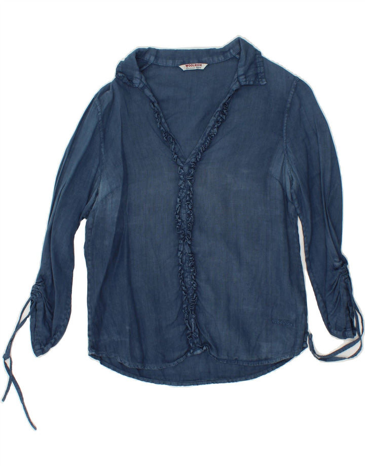 WOOLRICH Womens 3/4 Sleeve Pullover Shirt UK 10 Small Blue Linen Vintage Woolrich and Second-Hand Woolrich from Messina Hembry 