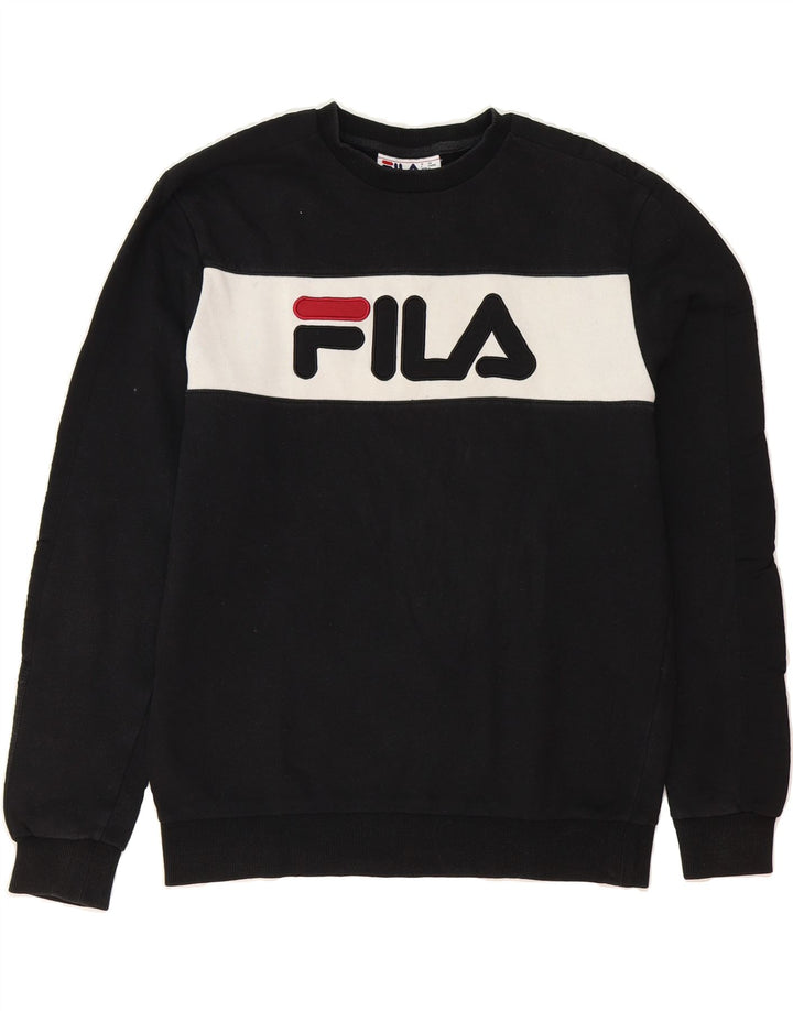 FILA Mens Graphic Sweatshirt Jumper Small Black Colourblock Cotton Vintage Fila and Second-Hand Fila from Messina Hembry 