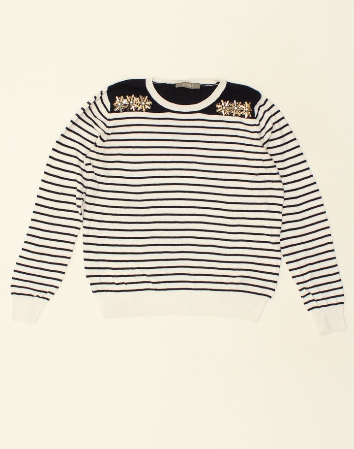 OASIS Womens Crew Neck Jumper Sweater UK 14 Medium White Striped Cotton | Vintage Oasis | Thrift | Second-Hand Oasis | Used Clothing | Messina Hembry 