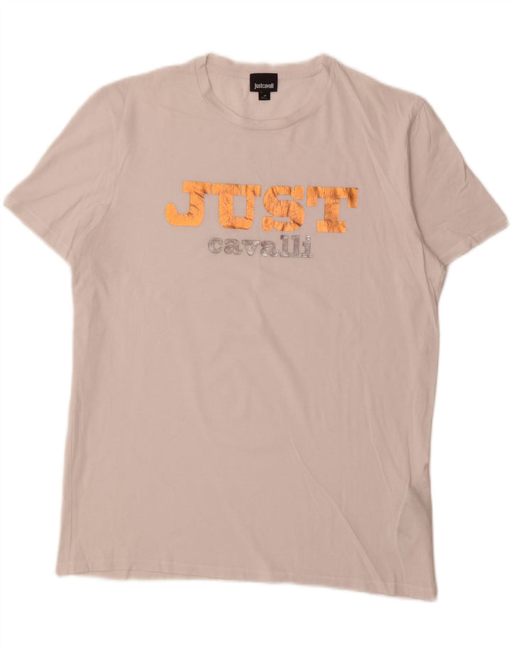 JUST CAVALLI Mens Graphic T-Shirt Top Medium White Cotton Vintage Just Cavalli and Second-Hand Just Cavalli from Messina Hembry 