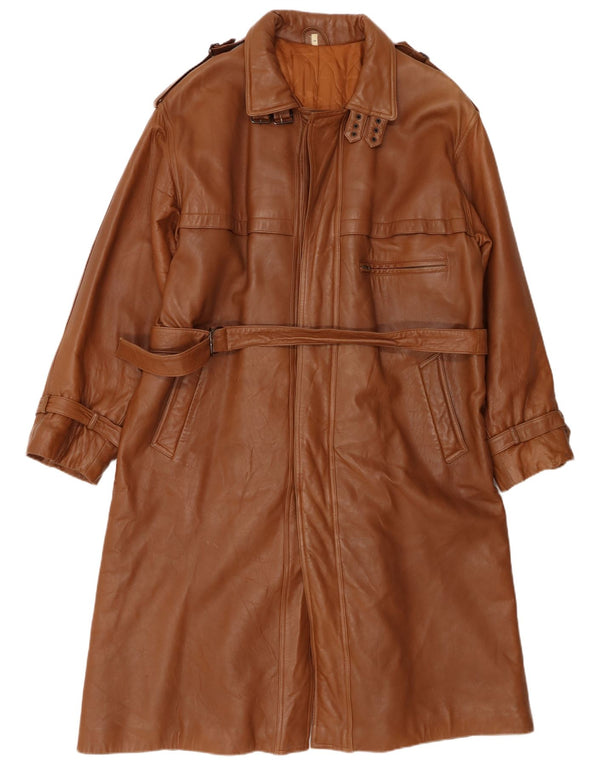 Мужское кожаное пальто в стиле милитари VINTAGE UK 40, большое, коричневое кожаное