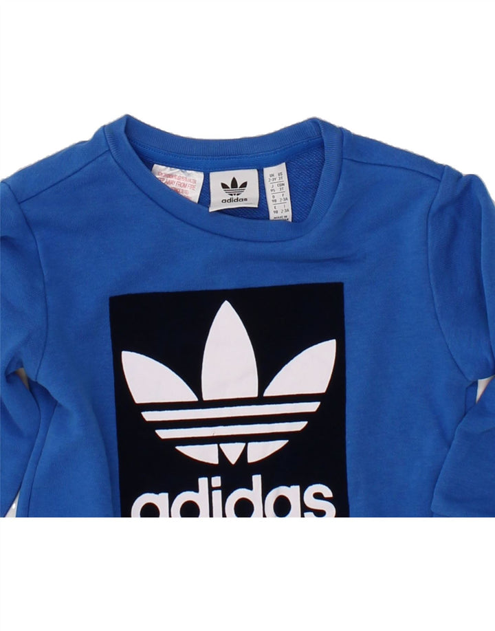 ADIDAS Boys Graphic Sweatshirt Jumper 2-3 Years Blue Cotton Vintage Adidas and Second-Hand Adidas from Messina Hembry 
