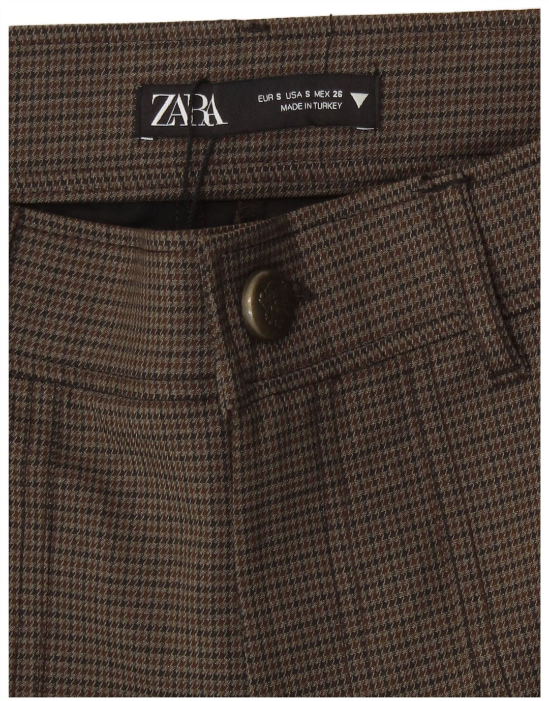 Zara Женские повседневные шорты с высокой талией, маленькие W26, коричневые, полиэстер с узором «гусиные лапки»