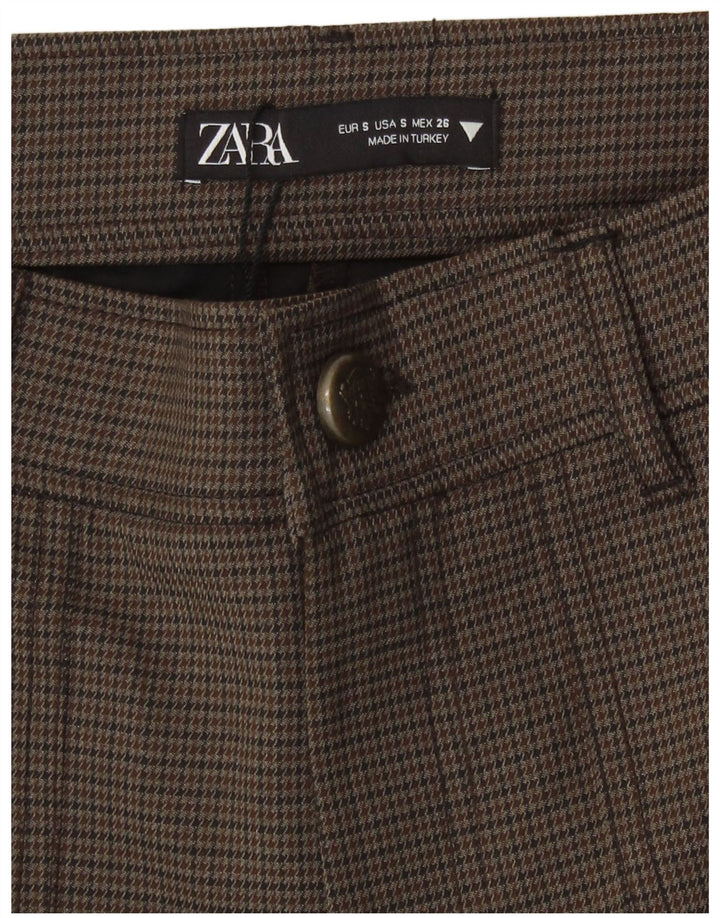 Zara Женские повседневные шорты с высокой талией, маленькие W26, коричневые, полиэстер с узором «гусиные лапки»