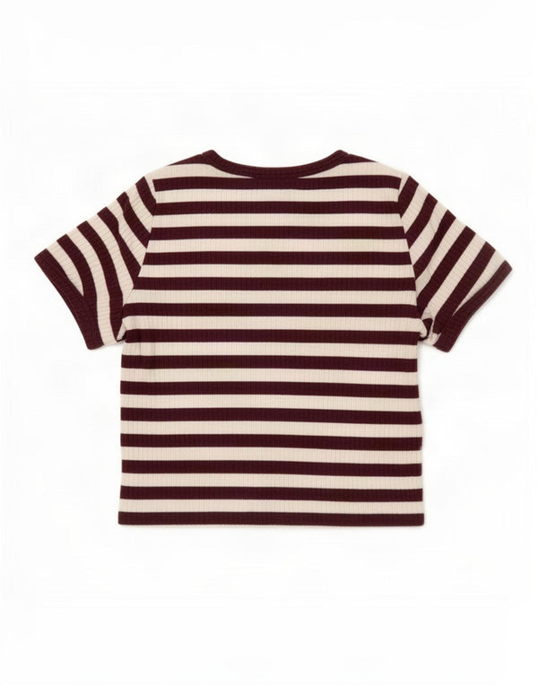 Женская укороченная футболка Topshop Top UK 12, хлопок среднего бордового цвета в полоску