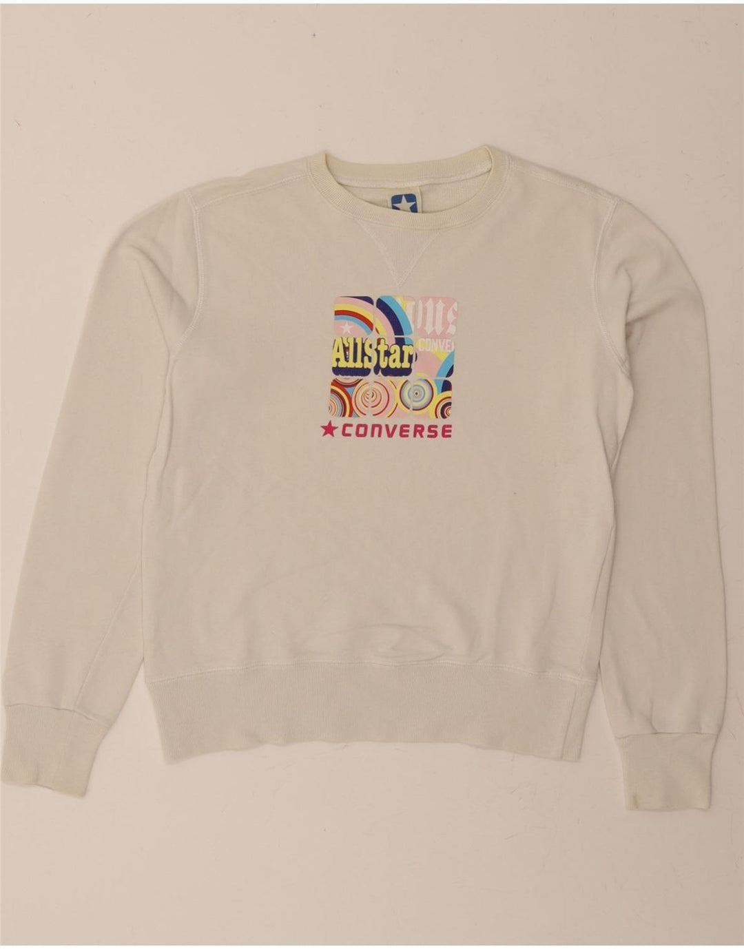 CONVERSE Womens Oversized Graphic Hoodie Jumper UK 10 Small Off White Vintage Converse and Second-Hand Converse from Messina Hembry 
