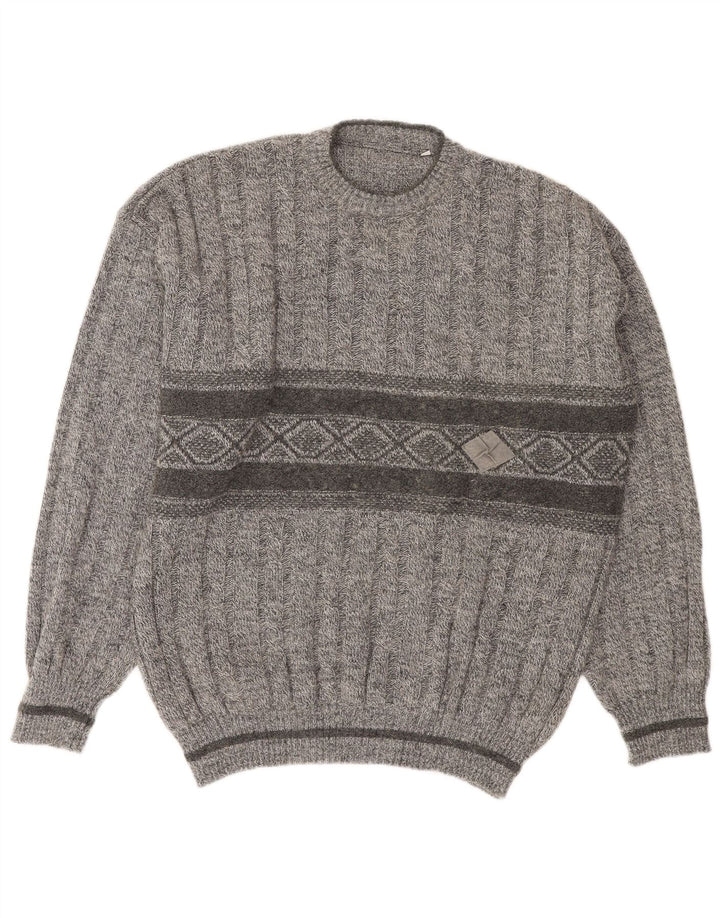 VINTAGE Mens Crew Neck Jumper Sweater IT 52 Large Grey Argyle/Diamond Wool