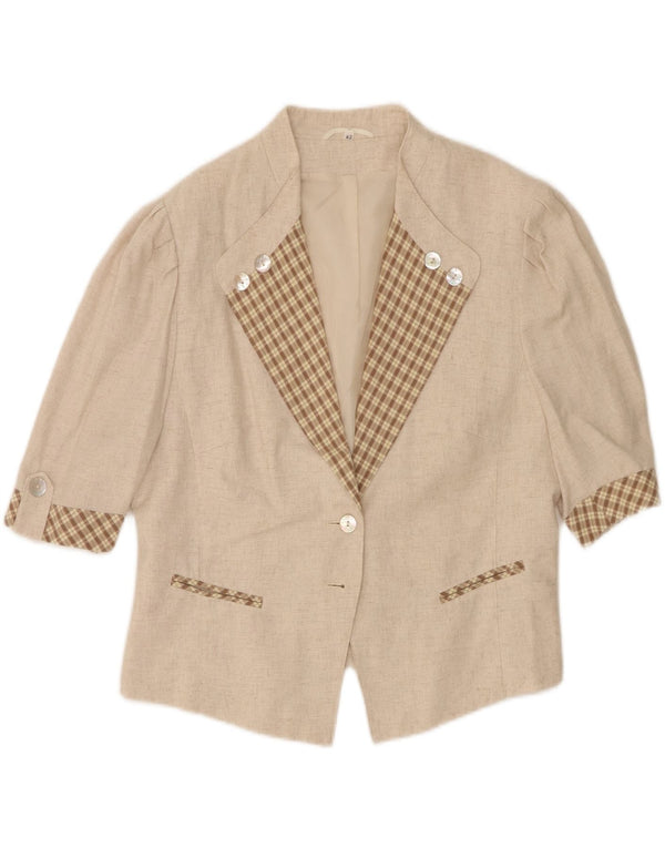 Vintage Womens 3/4 Sleeve 2 Button Blazer Jacket UK 16 Large Beige Viscose