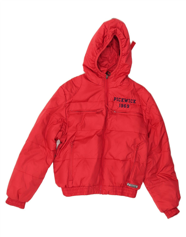 PICKWICK Womens Oversized Graphic Hooded Padded Jacket UK 14 Medium Red Vintage Pickwick and Second-Hand Pickwick from Messina Hembry 