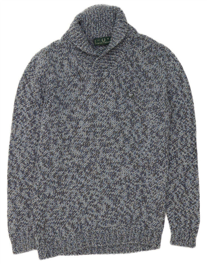 Мужской джемпер с отложным воротником Fred Perry, шерстяной свитер среднего синего цвета с крапинками