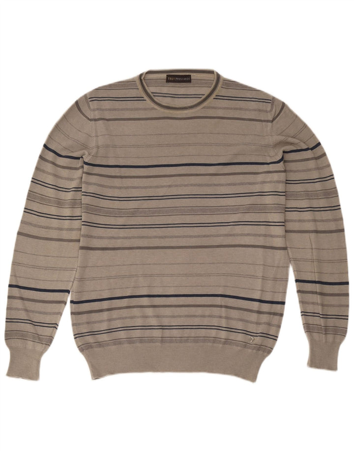 Мужской джемпер Trussardi с круглым вырезом, хлопковый свитер в большую серую полоску