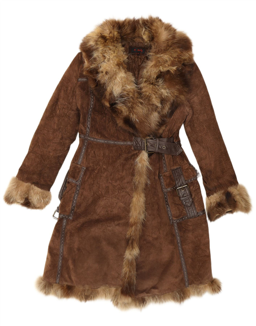 Rene Derhy Женское Замшевое Меховое Пальто UK 14 Средне-Коричневый Кожаный