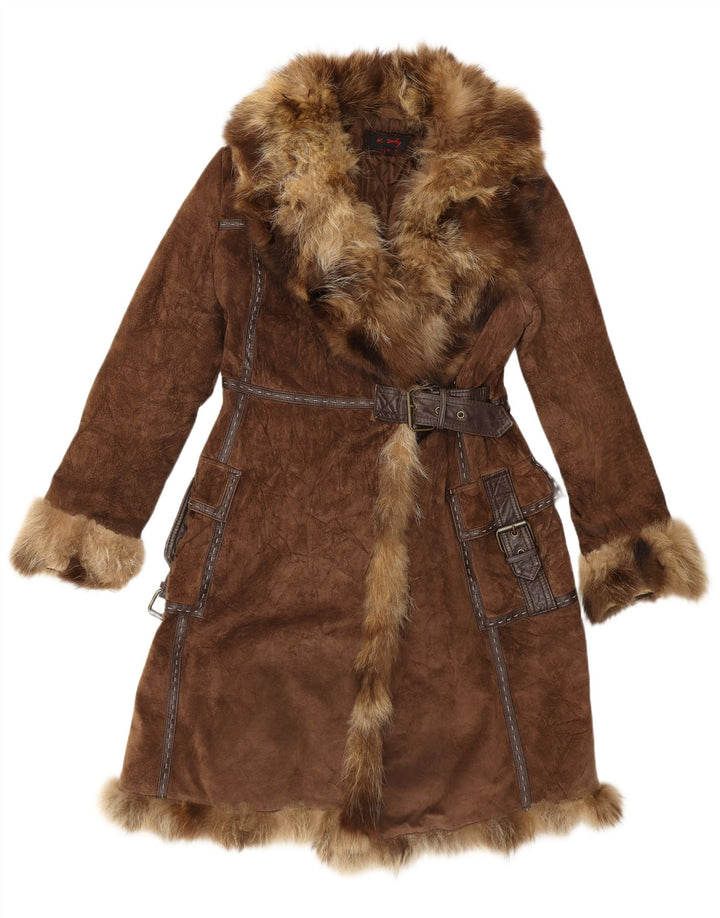 Rene Derhy Женское Замшевое Меховое Пальто UK 14 Средне-Коричневый Кожаный
