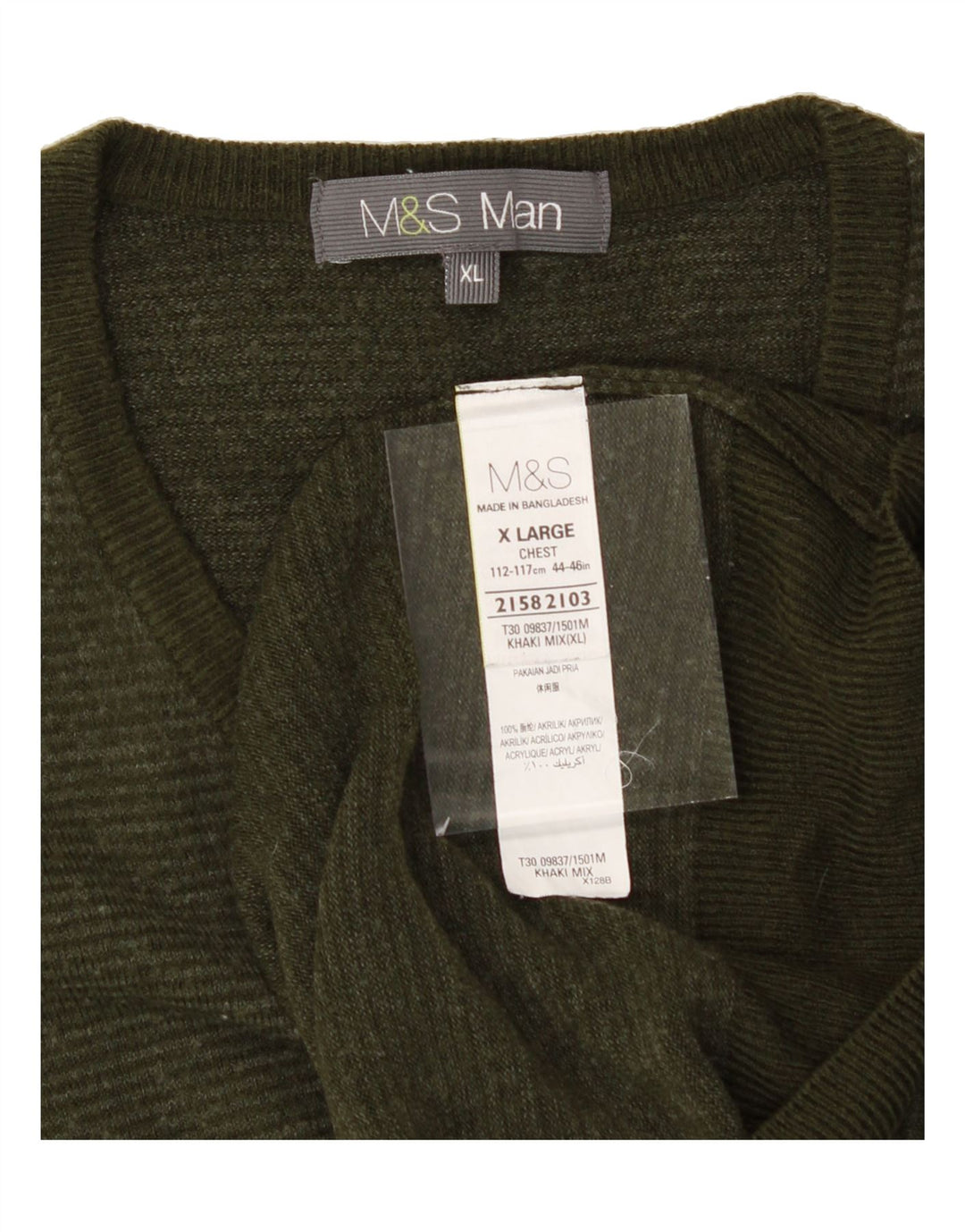 MARKS & SPENCER Mens V-Neck Jumper Sweater XL Khaki Acrylic Vintage Marks & Spencer and Second-Hand Marks & Spencer from Messina Hembry 