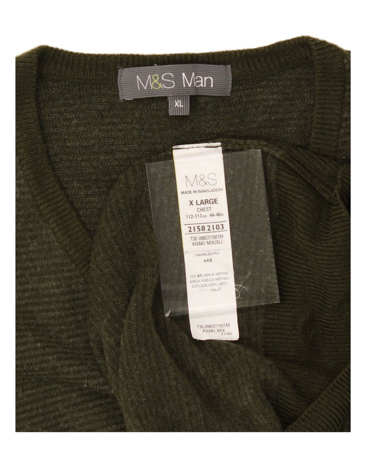 MARKS & SPENCER Mens V-Neck Jumper Sweater XL Khaki Acrylic Vintage Marks & Spencer and Second-Hand Marks & Spencer from Messina Hembry 