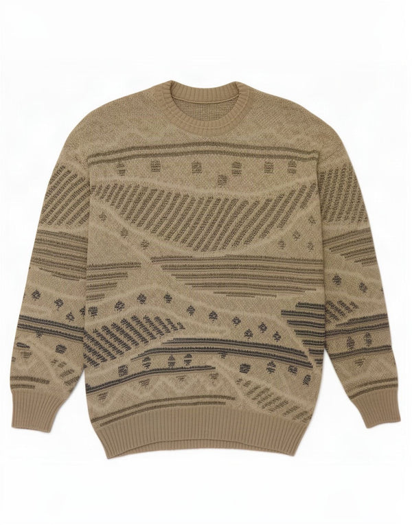 Vintage Mens Crew Neck Jumper Sweater Medium Beige Geometric