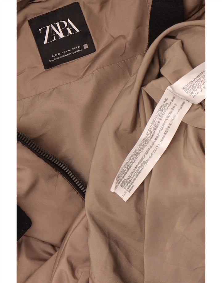 Женское длинное стеганое пальто с капюшоном Zara UK 18 XL, коричневый полиэстер