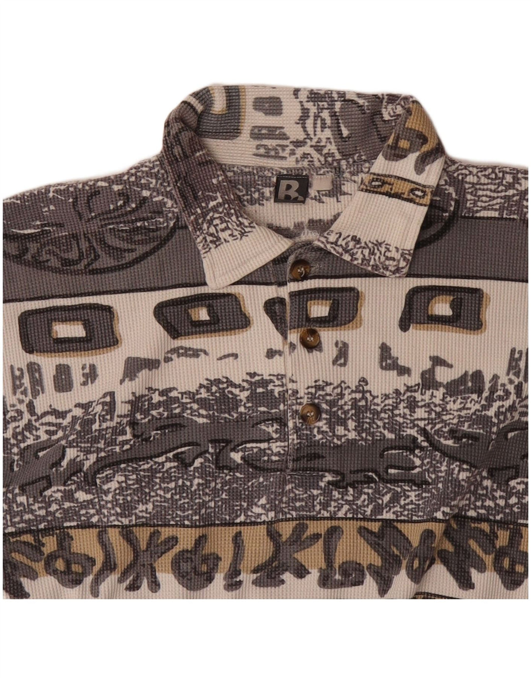 VINTAGE Mens Long Sleeve Polo Shirt Large Grey Geometric